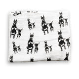 Custom dog or cat print baby swaddle blanket made from organic muslin, size 40x47"