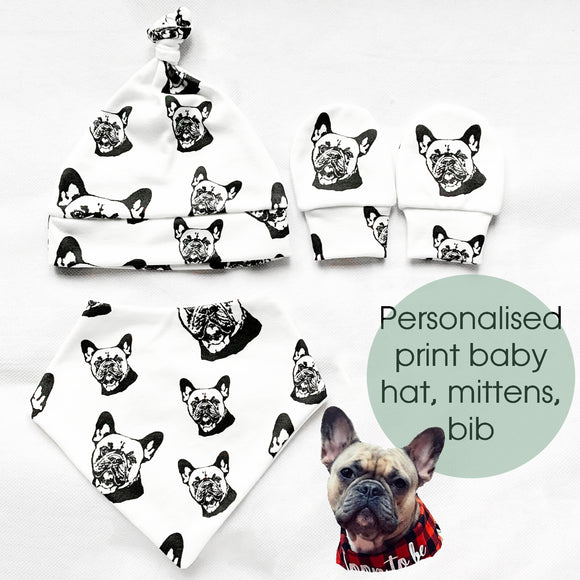 Personalised Dog Or Cat Pattern Baby Hat, No Scratch Mittens And Bib Set Made From Organic Cotton